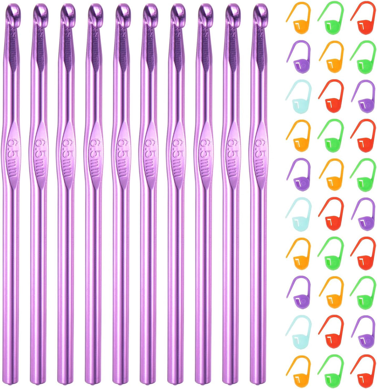 10pcs Aluminum Crochet Hook 6.5mm US Size K/10.5 Knitting Needles with 30pcs Stitch Markers for DIY Craft Yarn, Purple