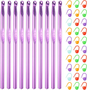 10pcs Aluminum Crochet Hook 6.5mm US Size K/10.5 Knitting Needles with 30pcs Stitch Markers for DIY Craft Yarn, Purple