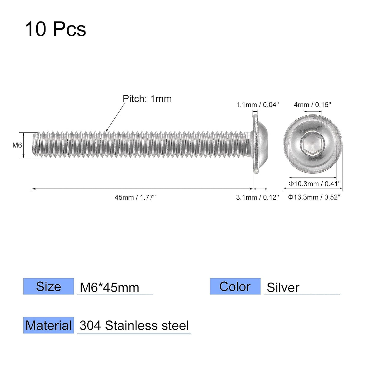 Flanged Button Head Socket Cap Screws, M8x70mm Hex Socket Drive Screw, 304 Stål Fasteners Bolte, Fuldt Skruet Maskinskrue 10stk