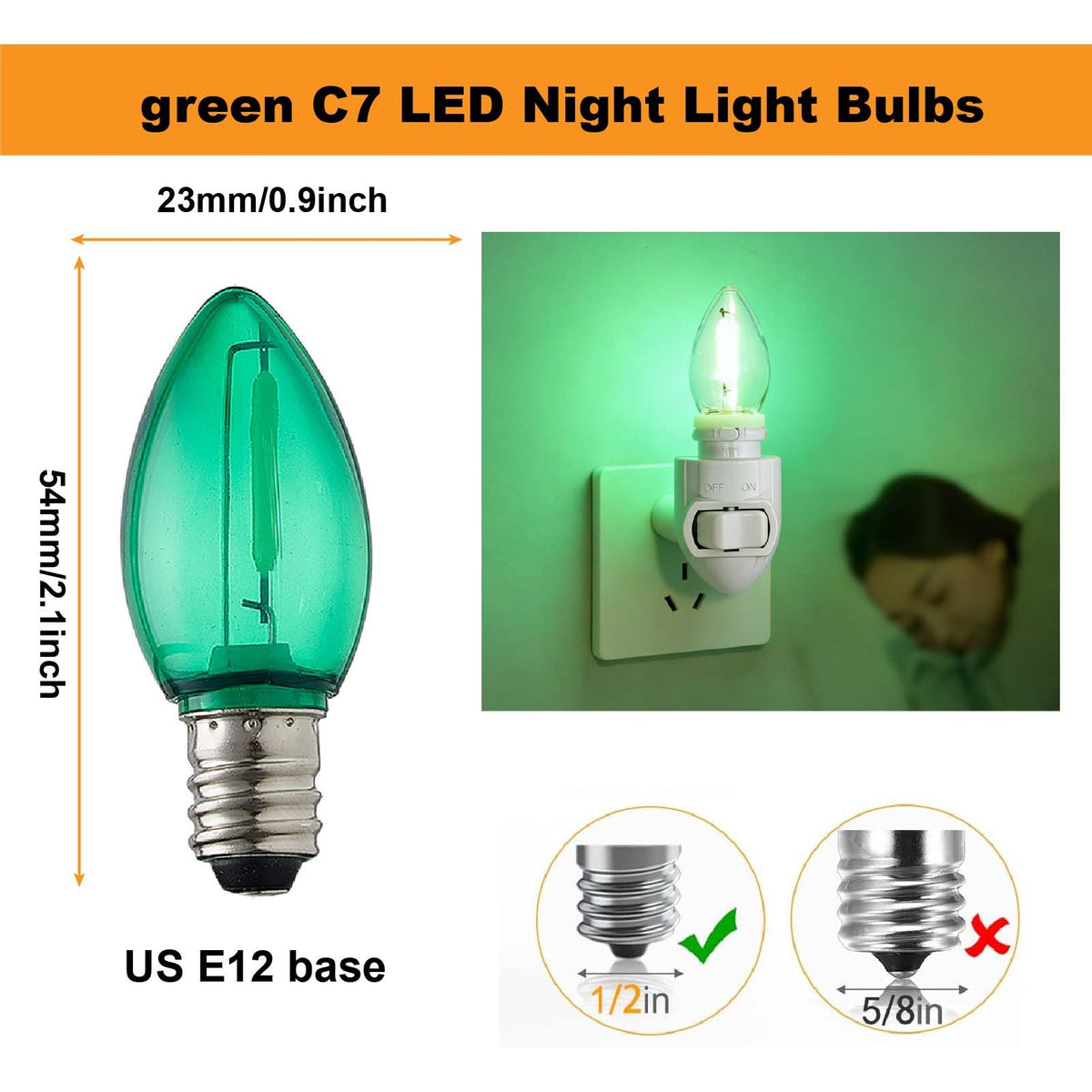 LinkMejor C7 Yeşil E12 Kandil Ateşleri Gece Işığı Yedek Bulbları 120V, 6 Adet