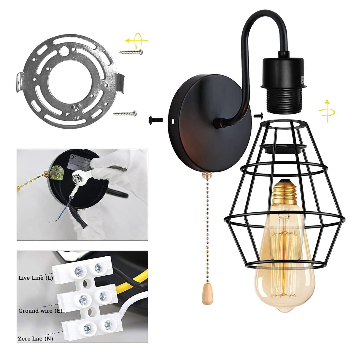 LinkMejor Sconce cu Tragere de Cablu Pătrat Negru, Lămpărie cu Grilaj de Fier
