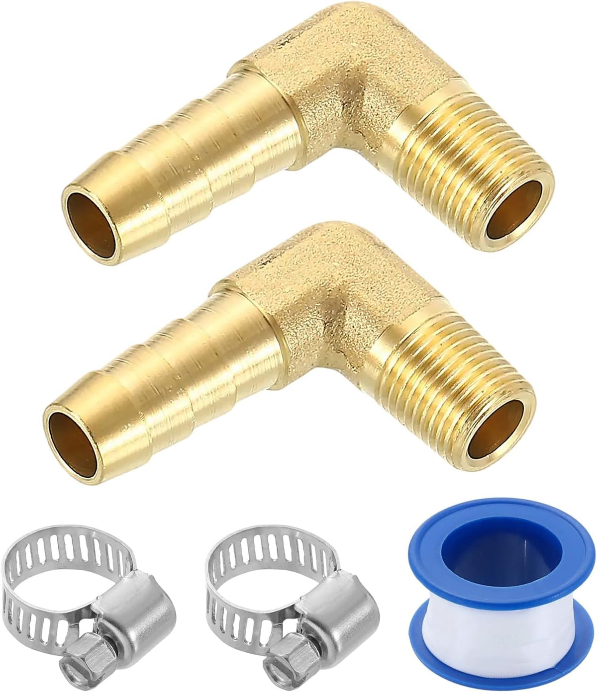 2Pcs Brass Hose Barb Fittings, 5/16" x 1/8" NPT 90 Degree Elbow Hose Connector with Hose Clamps for Water Fuel Gas Oil Transportation