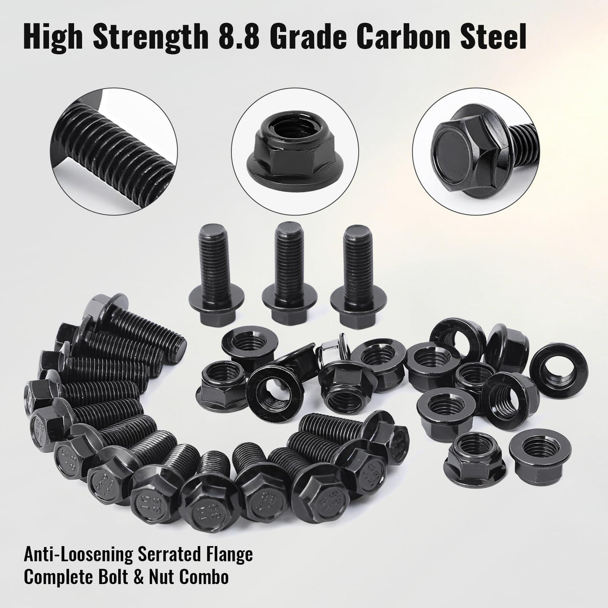 LinkMejor M10-1.25 x 25mm Flange Head Bolts in Carbon Steel Material,Flange Hexagon Screws Come with Flange Nuts,Black Oxide Finish Plated,Full Thread, 10 Sets