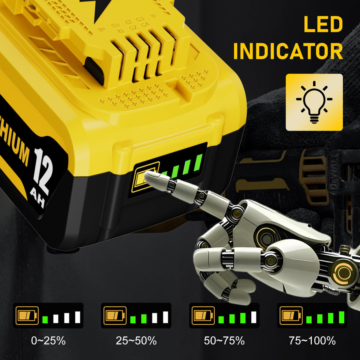 1-Pack 12Ah DCB208 Bateria de Substituição para Bateria Dewalt 20V DCB207 DCB206