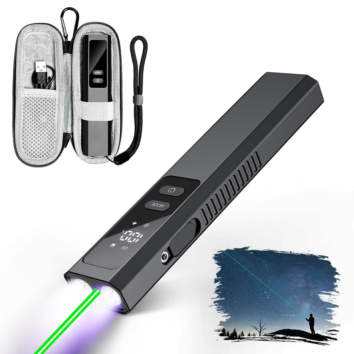 4-in-1 EDC Flat Flashlight, Green Laser Pointer, UV Light, Red Strobe Comb