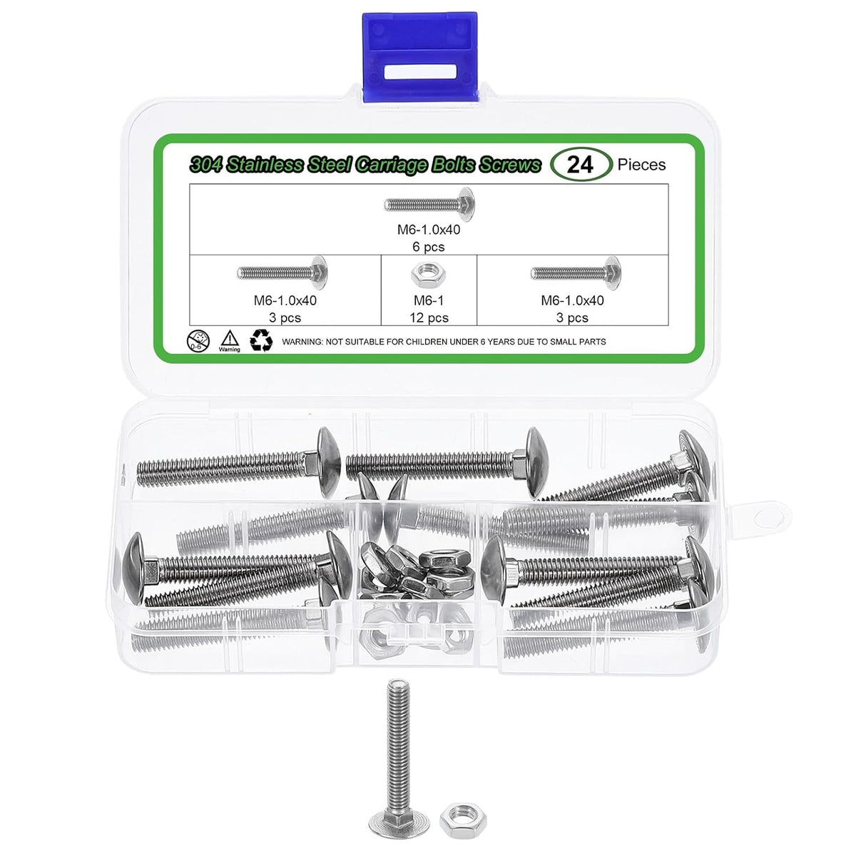 12 Set Carriage Bolts and Nuts Kit, M6-1.0x40 Stainless Steel 304 Round Head Square Neck Carriage Bolts Screws and Hex Nuts - Silver
