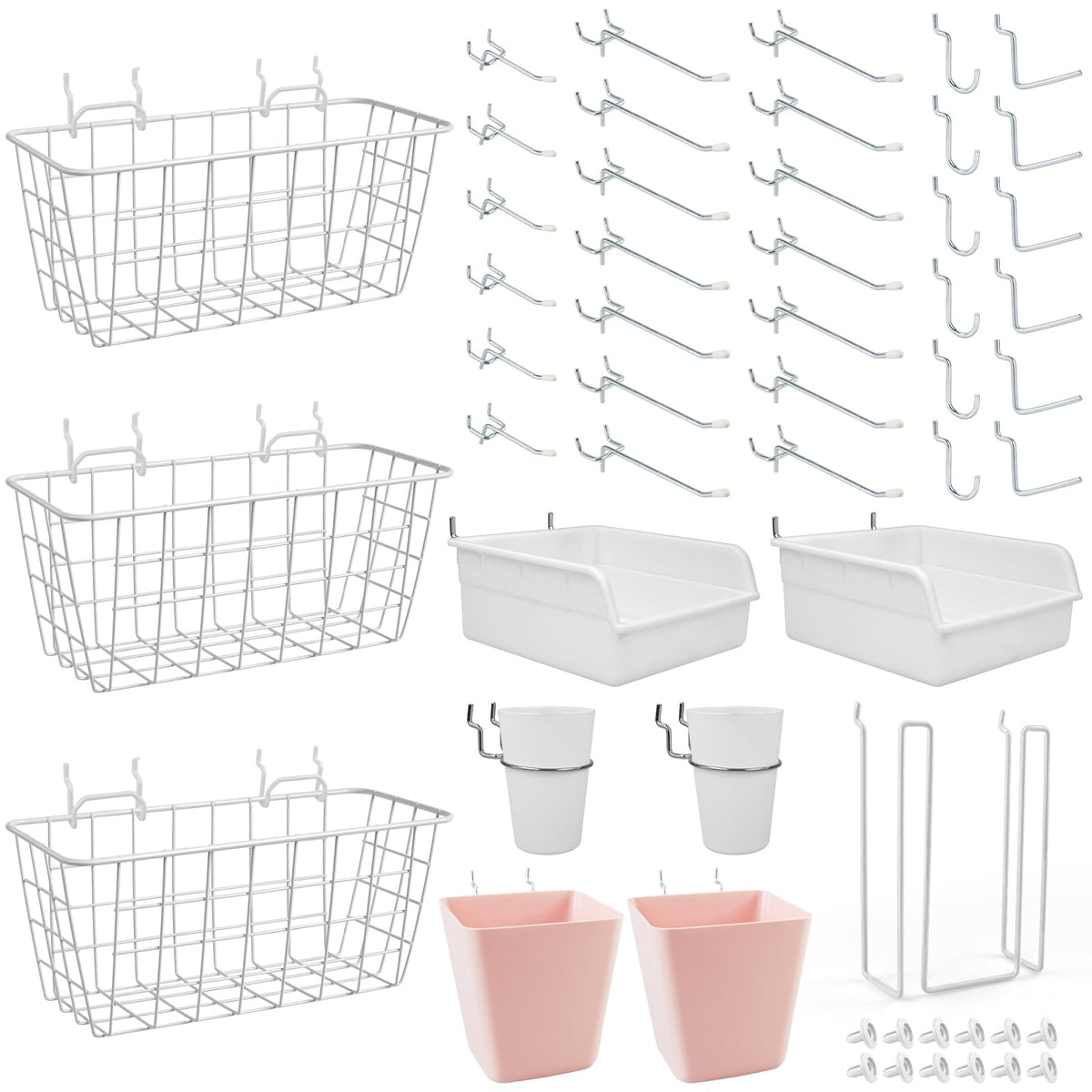 Tablero de Organizador Set 42Pack Cestas de Tablero de Pegotes Ganchos Cajas Copas (Blanco Rosa)