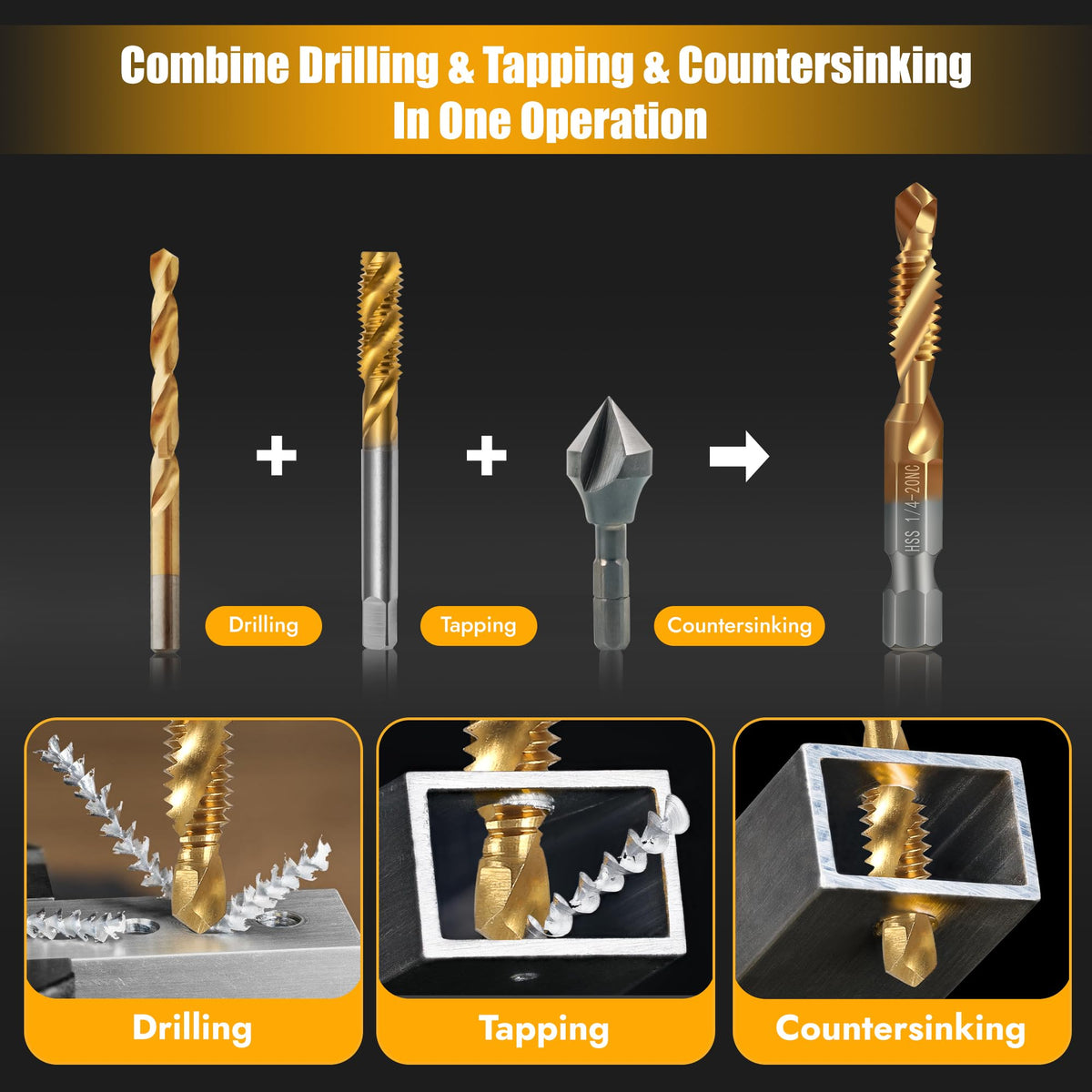 LinkMejor 6 Pack Kombinasi Drill dan Tap Set, 1/4” Hex Shank, HSS Titanium