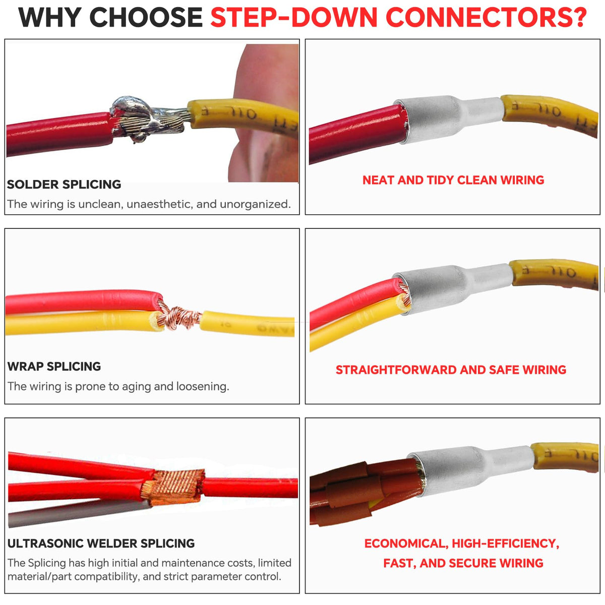 6PCS 1/0 to 6 Gauge Step Down Butt Splice Connectors, 0 to 6 AWG Reducing Splices, Heavy Duty Tinned Copper Strong Crimps Wire Splice Connectors, w/ 6 3:1 Dual Wall Adhesive Lined Heat Shrink