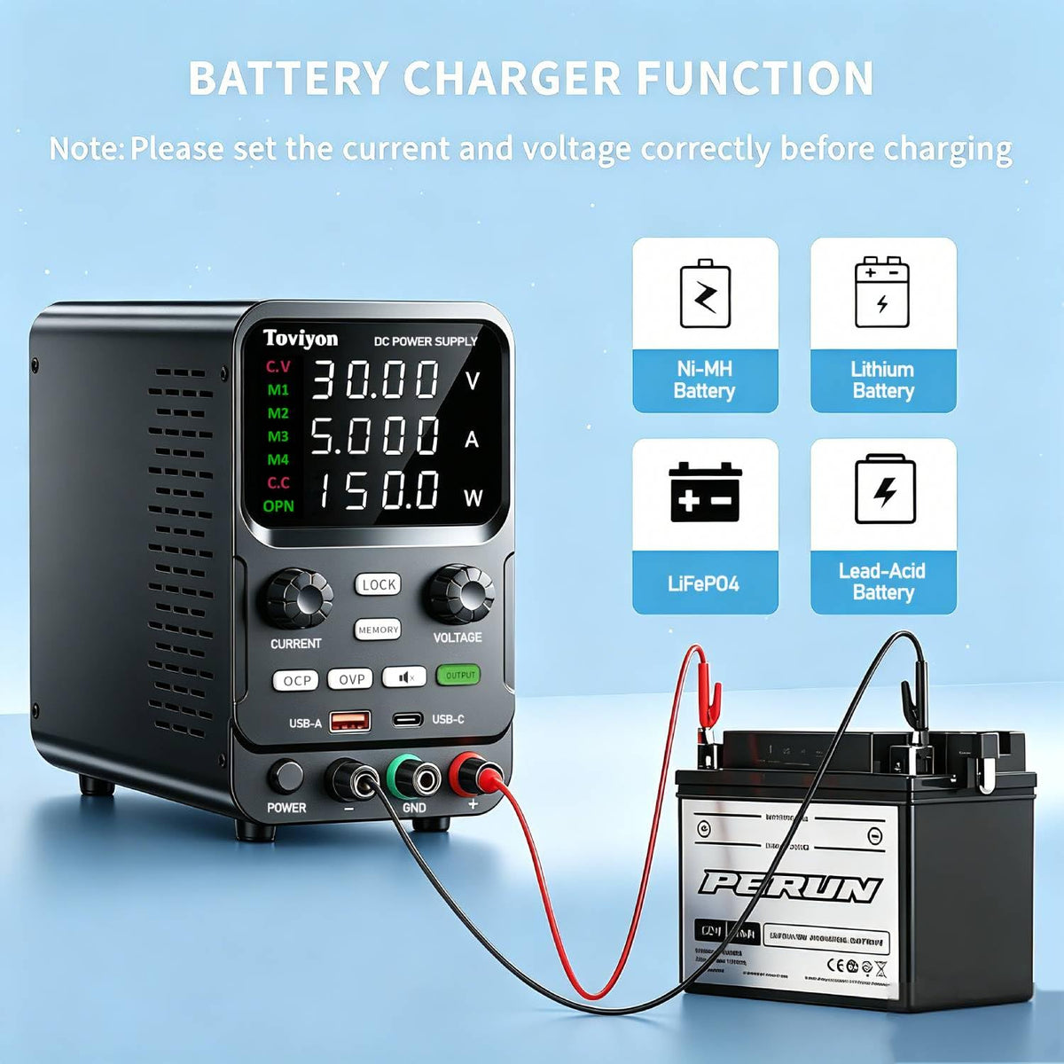 Alimentation électrique DC variable, 0-30V 0-5A Alimentation de table réglable avec ajustement par encodeur, bouton d'activation de la sortie, affichage à LED à 4 chiffres, 4 groupes de stockage de mémoire, protection contre les courts-circuits 
