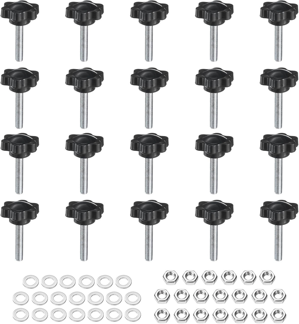 20 Stück Sternhalterungsschrauben mit Muttern, M5 x 30mm, metrisch gehärtetes Zinkverchromtes Kohlenstoffstahl, Männliche Schraube, 25mm, 6-Sterne-Plastikkopf, geschraubte Handschrauben, schwarz