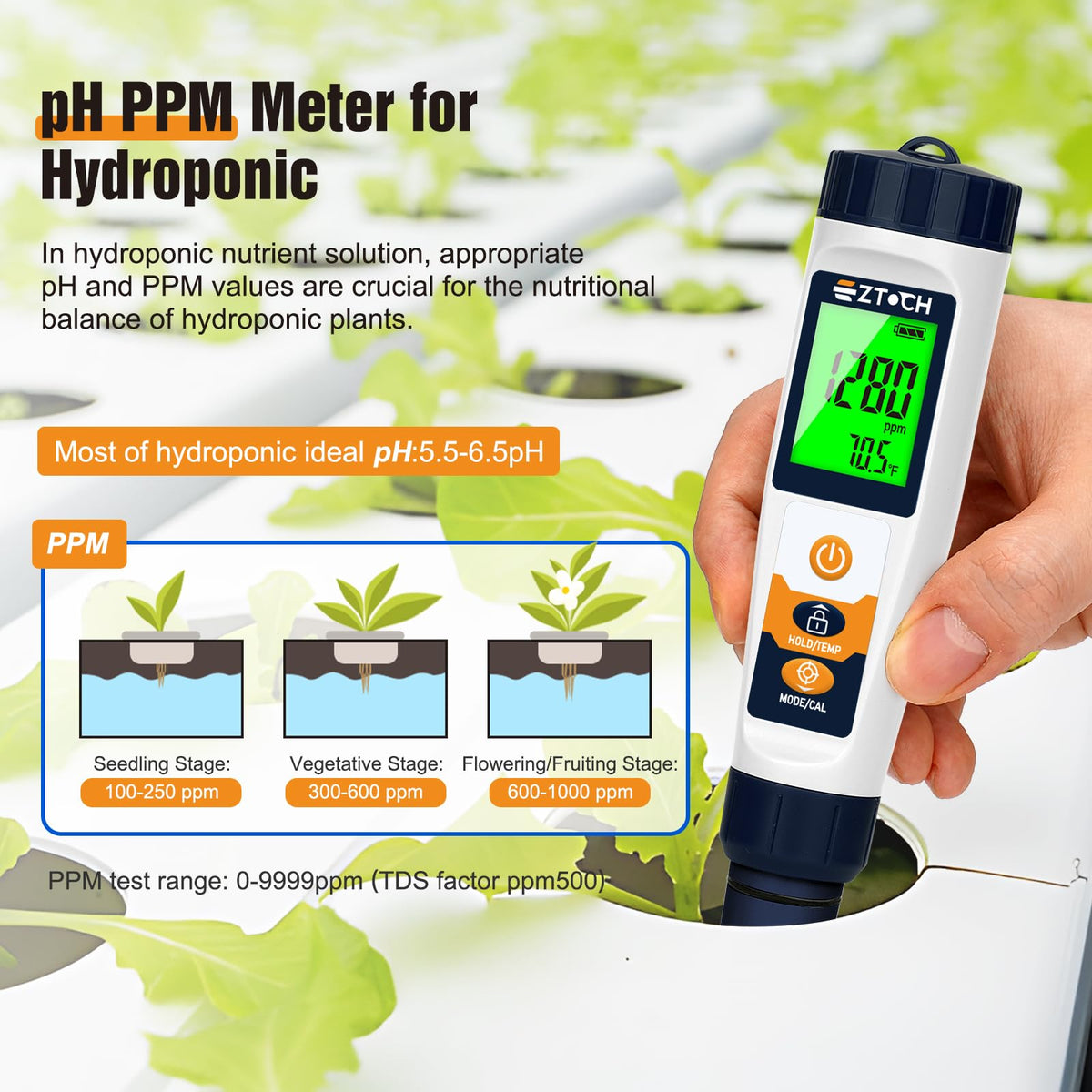 Hydrogen Vand Tester pH H2 ORP Meter, Hydroponisk pH TDS EC Meter, 6 i 1