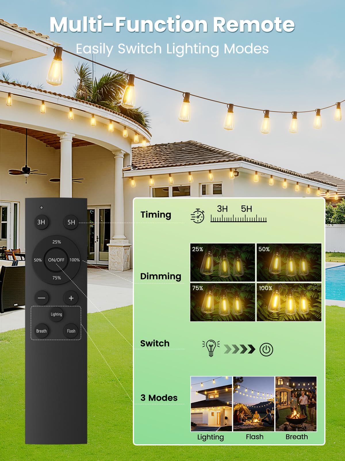 LinkMejor Lâmpadas de Corda Solares à Prova de Água LED 30 FT, Dimável a Distância