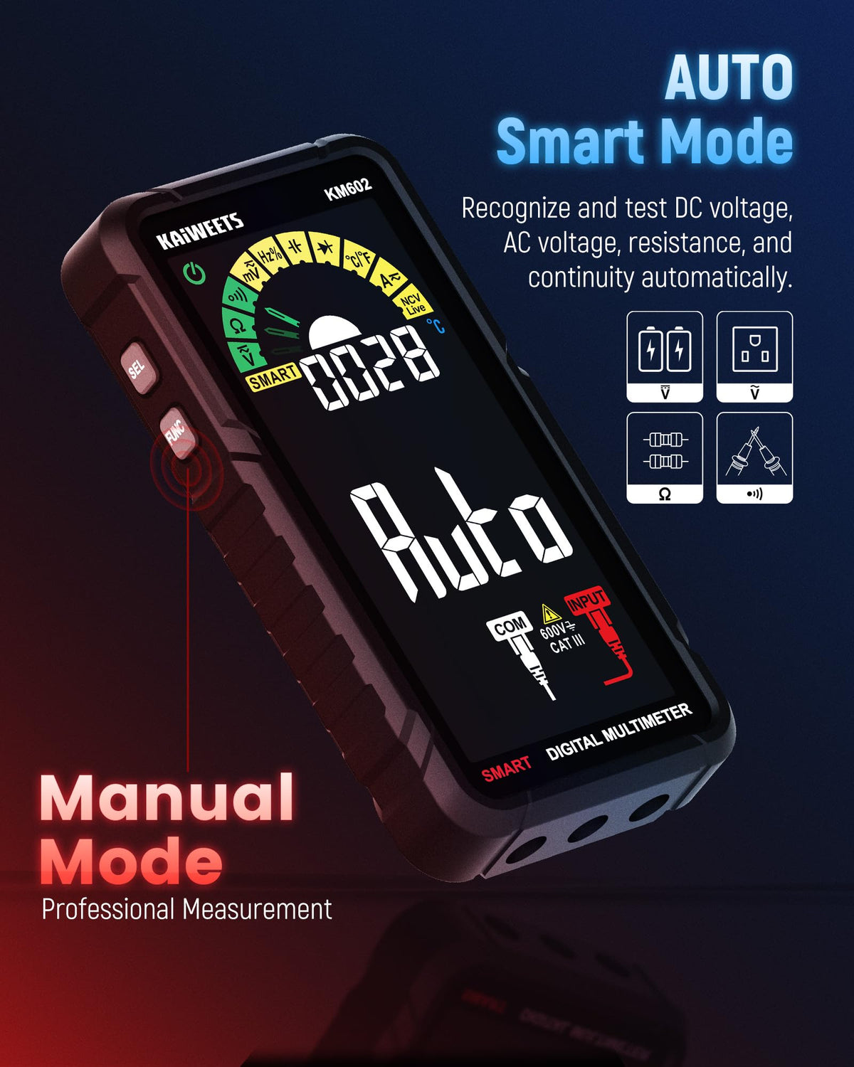 LinkMejor Smart Multimeter wiederaufladbarer Elektrotester mit automatischer Skalierung Digital Voltmeter misst Spannung Strom Widerstand Kontinuität Kapazität Temperatur Frequenz NCV 6000 Counts TRMS
