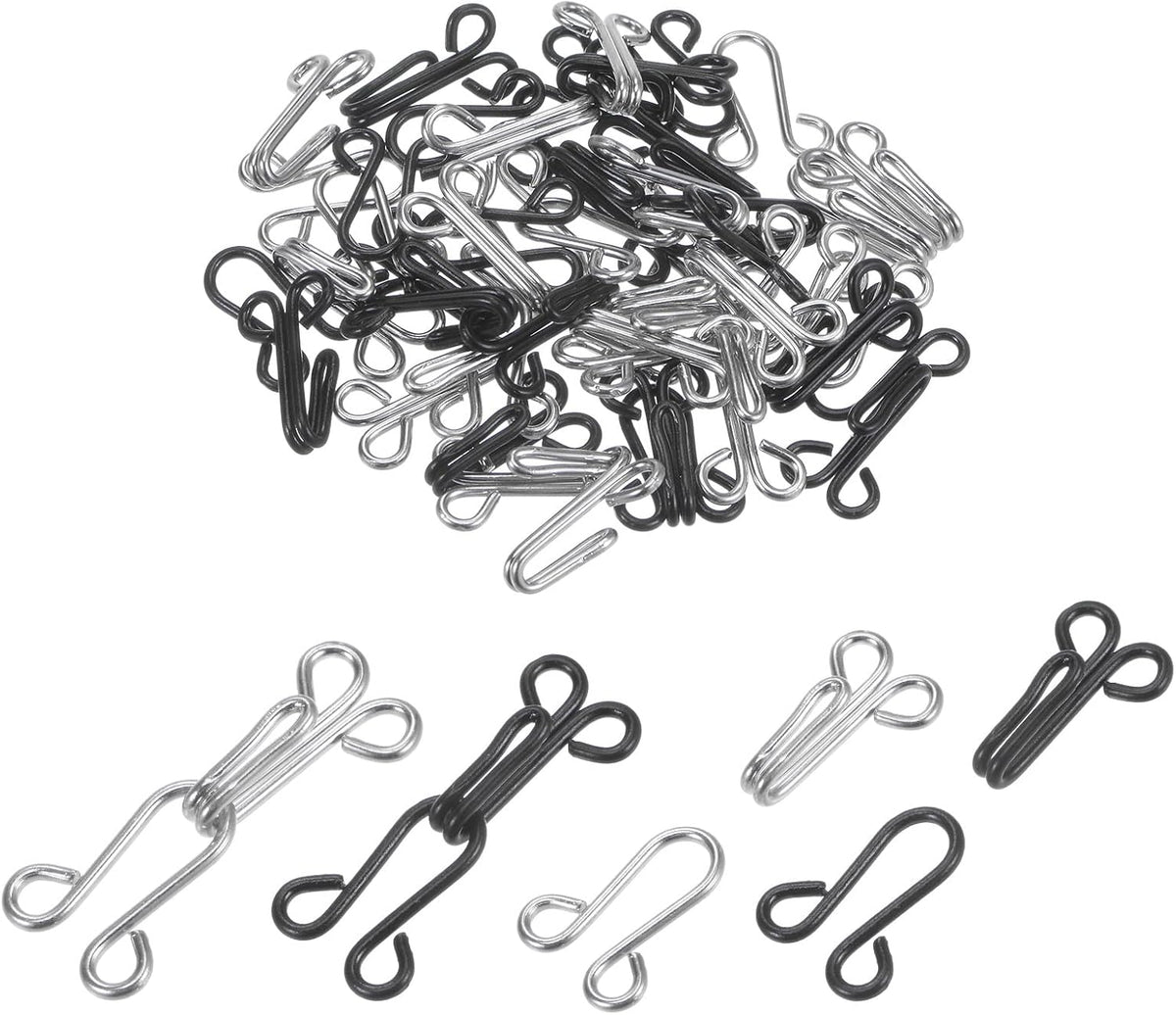 50 Sets Sewing Hooks and Eyes Closure Set, Copper Metal Rust Proof 36mmx12mm Large Black & Silver Tone Bra Hooks Replacement for Trouser Skirt Dress Pants