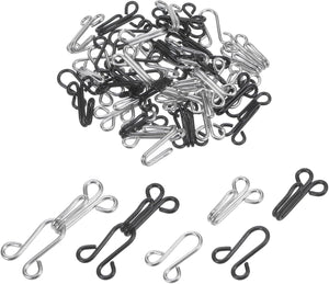 50 Sets Sewing Hooks and Eyes Closure Set, Copper Metal Rust Proof 36mmx12mm Large Black & Silver Tone Bra Hooks Replacement for Trouser Skirt Dress Pants
