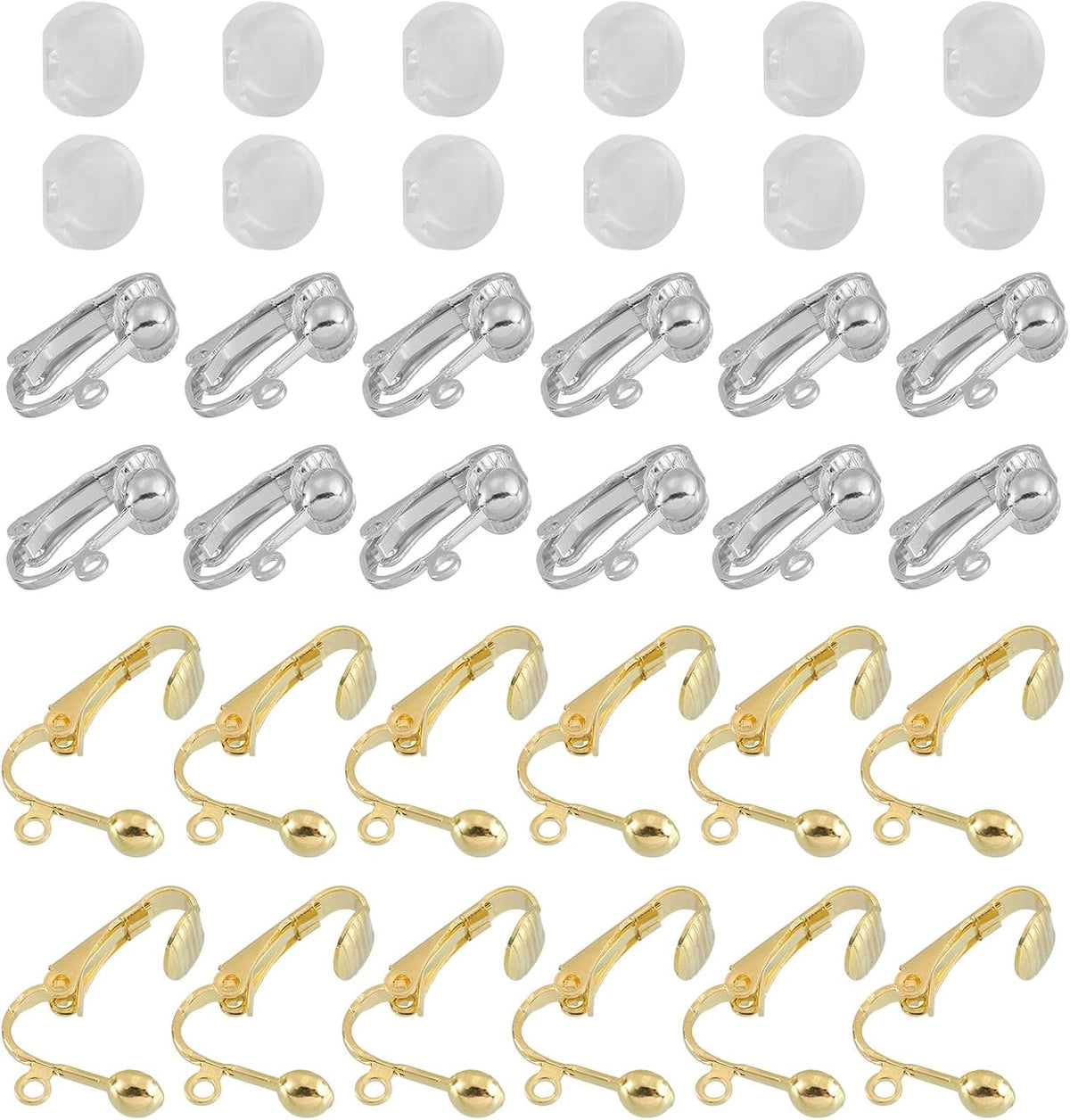 Clip-on Earring Converter with Silicon Earring Pads, 24Pcs - Clip-on Earring Findings, Earring Clips for Non-Pierced Ears with Easy Open Loop (Imitation Gold & White)