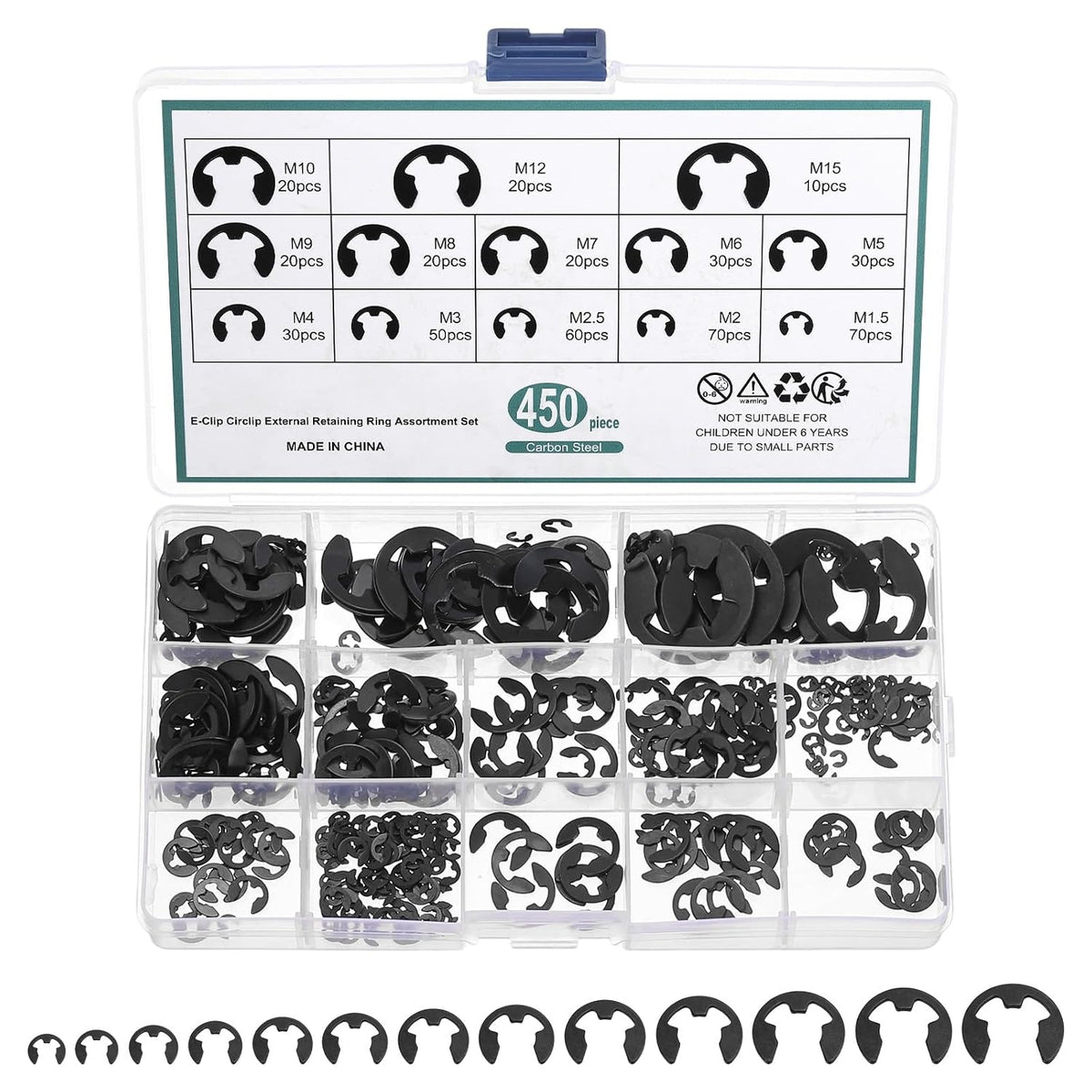 450 Pcs E-Clip External Retaining Rings Kit, Manganese Steel Circlip Snap Retaining Assortment Kit for Valves, Electrical Appliances, Cars and Cylinders, Black