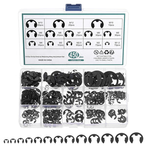 450 Pcs E-Clip External Retaining Rings Kit, Manganese Steel Circlip Snap Retaining Assortment Kit for Valves, Electrical Appliances, Cars and Cylinders, Black