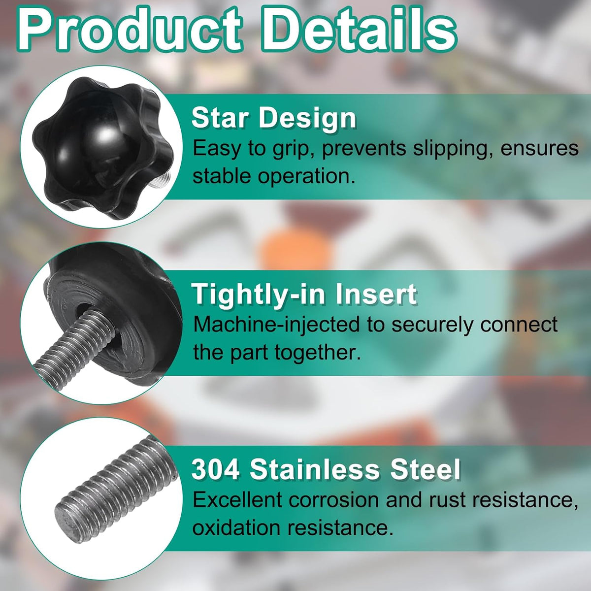 8pcs Sternklemmhebel mit Muttern Dichtungen, M5 x 45mm Metrisch 304 Edelstahl Männlich Gewinde 25mm 6-Sterne Kunststoffkopf, Gewindestift Handhebel Griffe Daumenmuttern