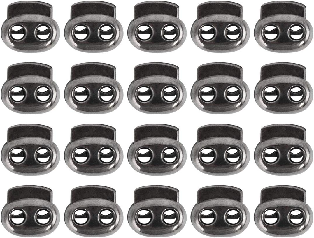 LinkMejor 20 Pcs Plastic Cord Locks Spring Stopper Double Hole Toggle Fastener Stopper Rope End for Drawstrings Clothing, Shoe, Bags, Tie-Downs, 20 x 18mm Metal Black