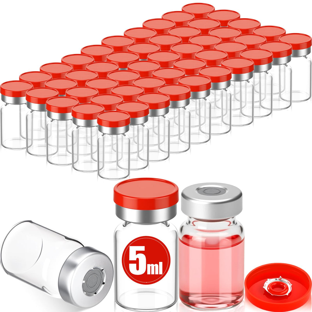 LinkMejor 50 Adet 5ml Steril Vial, Enjeksiyon İçin Boş Vial, Kırmızı Kapağı
