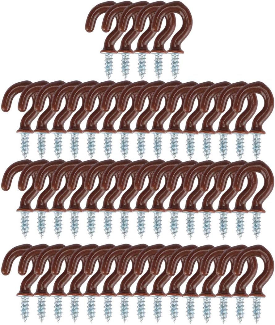 50pcs Cup Ceiling Hooks 1/2 Inch Vinyl Coated Metal Screw in Holder Hooks for Home Office Plants Outdoor Lights Hanger Brown