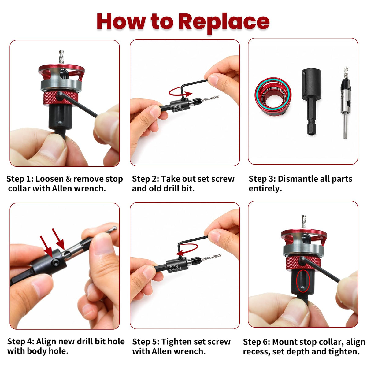 Countersink Drill Bit Set with Depth Stop, 5 PCS TCT Cutters & HSS Bits