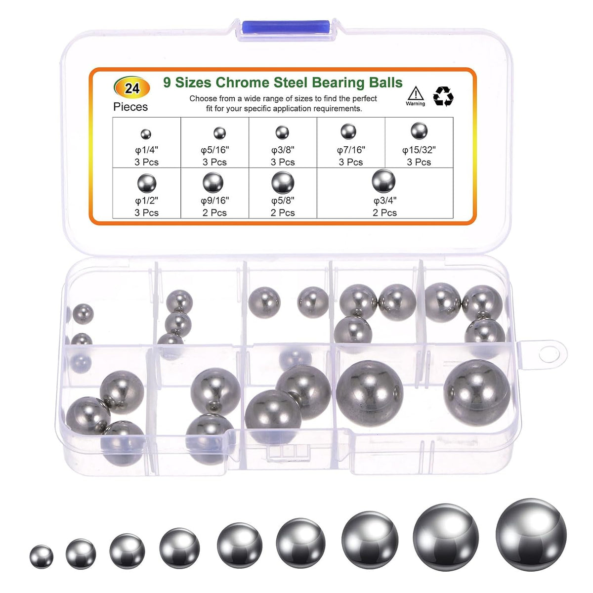 24pcs G200 Precision Balls Assortment Kit 3/4" 5/8" 9/16" 1/2" 7/16" 3/8" 5/16" 1/4" 15/32" 304 Stainless Steel Solid Bearing Balls