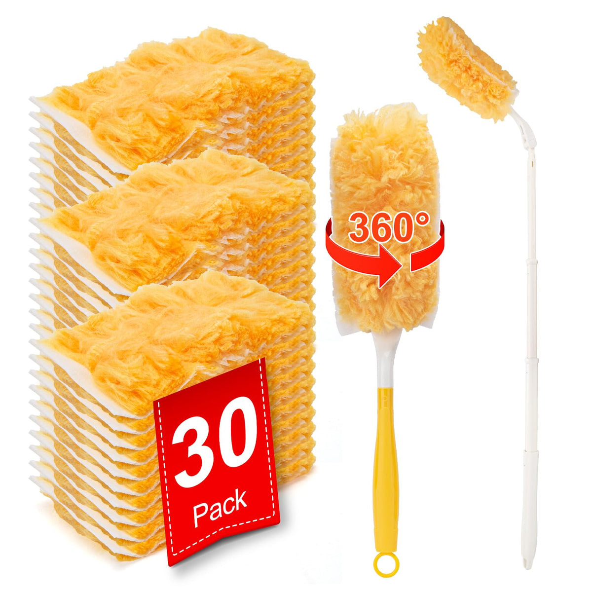 360° Heavy Duty Duster Refill Kit, 1Extended Handle 1Short Handle 30Refills