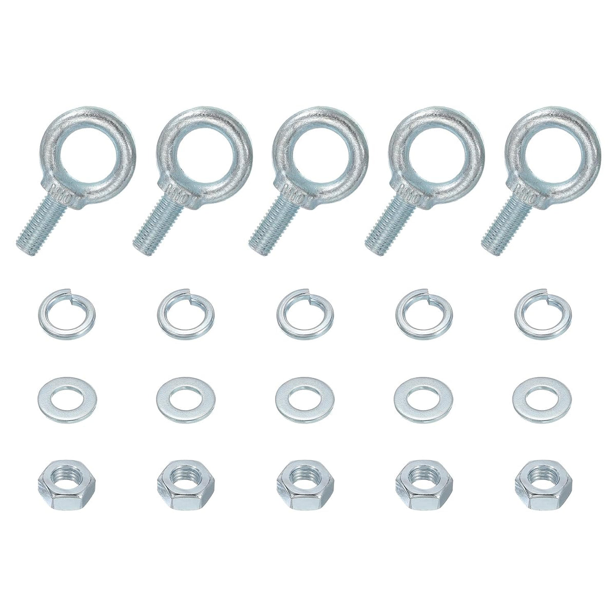 5 Pack M10 Galvanized Carbon Steel Eye Bolts, 3/8" x 0.98" Lifting Ring Eye Bolt with Nuts and Washers Heavy Duty Screw Eye Bolts Kit for Tie Down Straps Indoors Outdoors, Silver