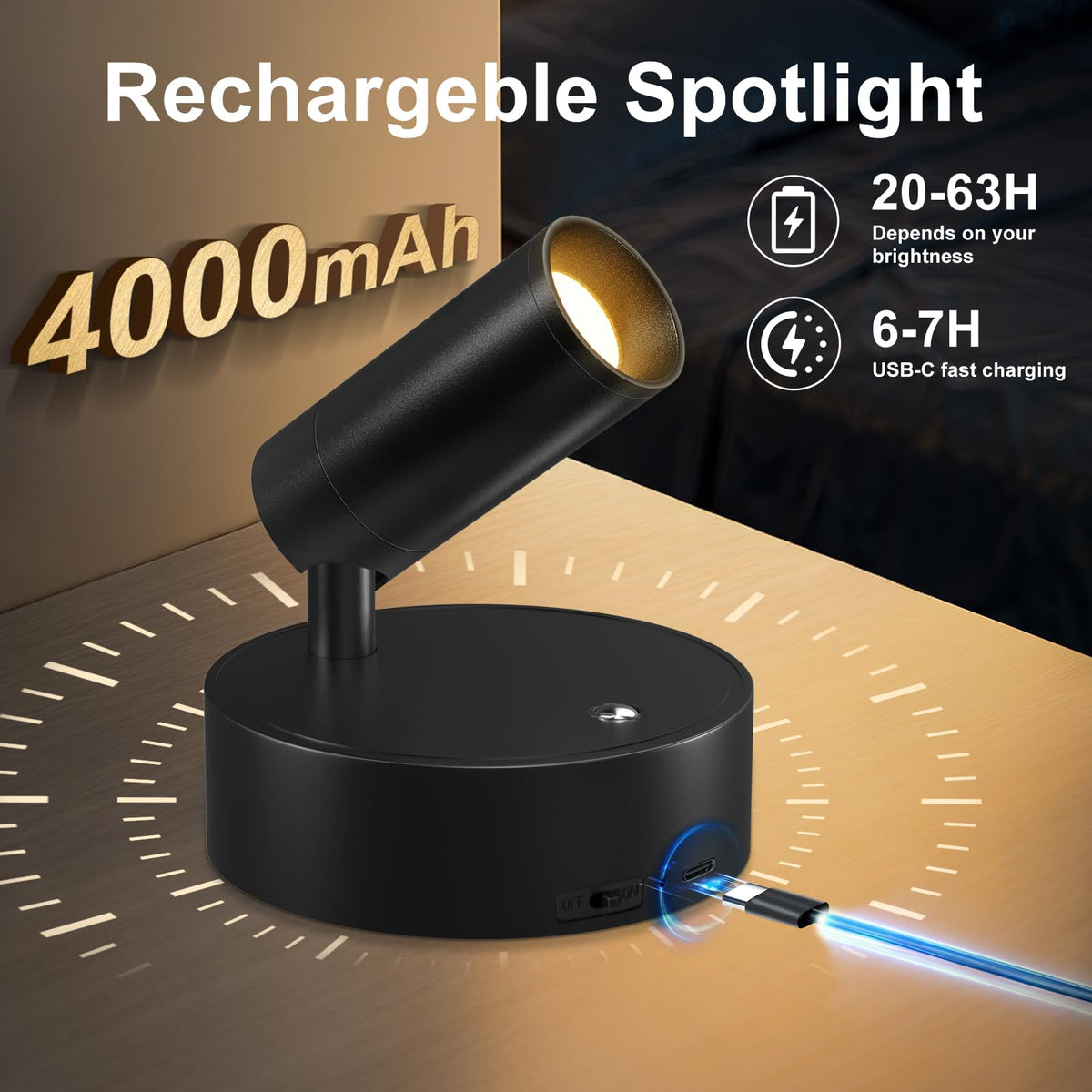 4000mAh projecteurs d'intérieur, éclairage sans fil rechargeable avec télécommande