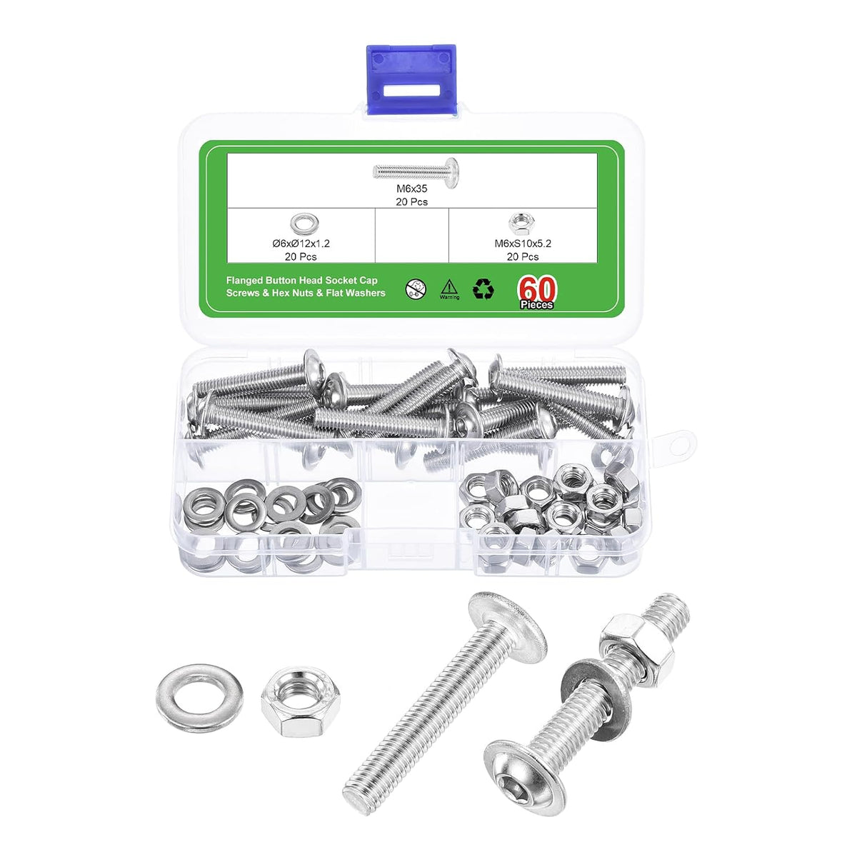 20Sets M6-1x35mm Flanged Button Head Socket Cap Screws & Hex Nuts & Flat Washers, 304 Stainless Steel Socket Drive Fasteners Bolts, Fully Thread Machine Screws, Silver