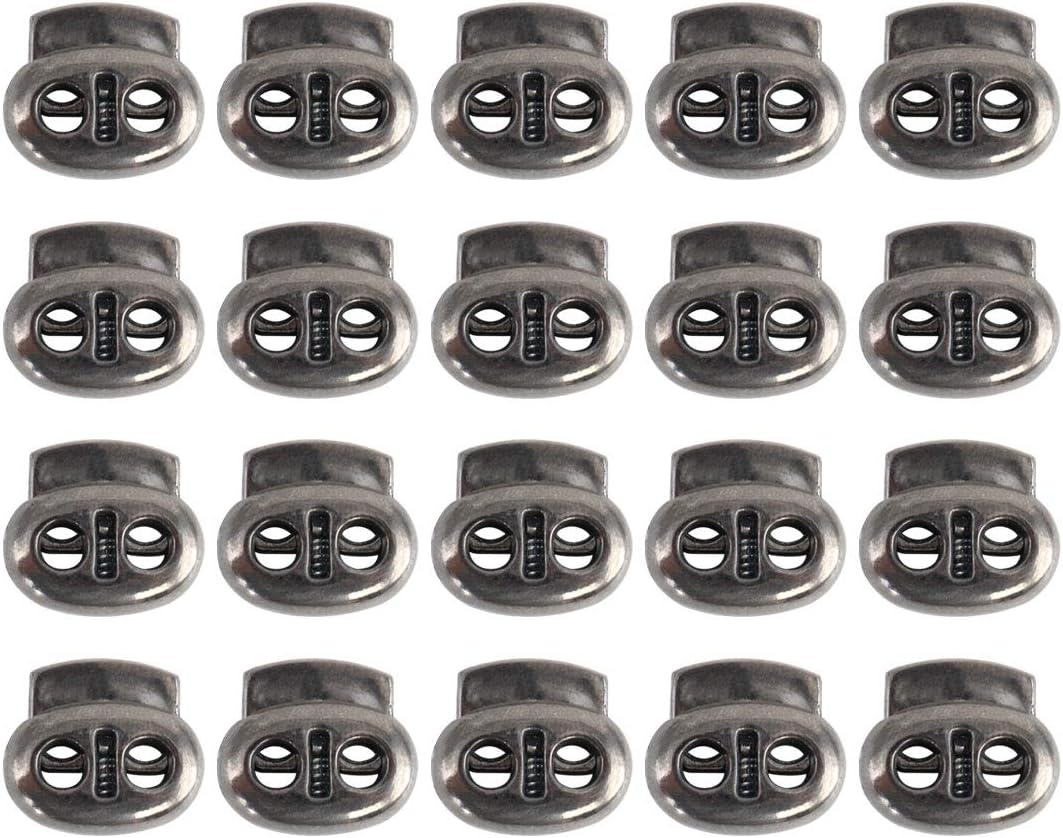 LinkMejor 20 Pcs Plastic Cord Locks Spring Stopper Double Hole Toggle Fastener Stopper Rope End for Drawstrings Clothing, Shoe, Bags, Tie-Downs, 17 x 15mm Metal Black