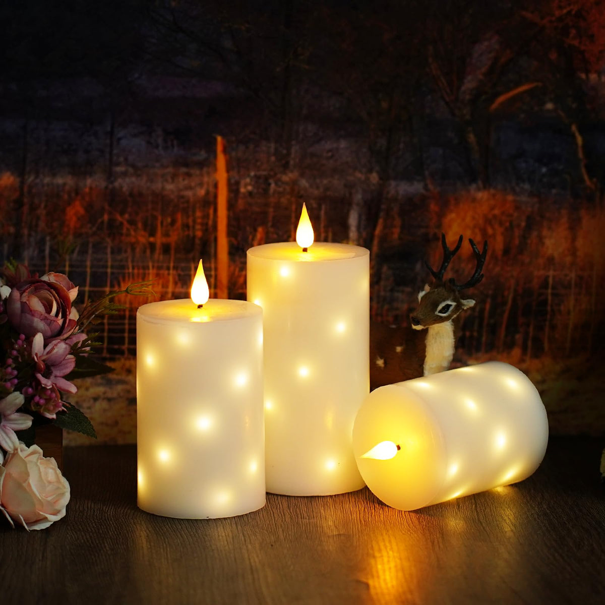 LinkMejor Flameless Candles Real Wax Realistic Halloween Candles with Glass Shell, Battery Operated LED Pillar Candle with Remote Timer, Ideal for Halloween Home Decor（D 3"*H 4" 5" 6" ）