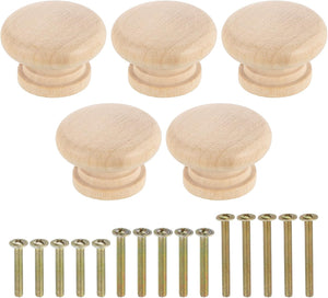 5Pcs Round Wood Drawer Knob, 1.57" x 1.1" Round Cabinet Knobs Mushroom Shape Wooden Knobs with Screws for Furniture Drawer Dresser Wardrobe Cupboard, Wood Color