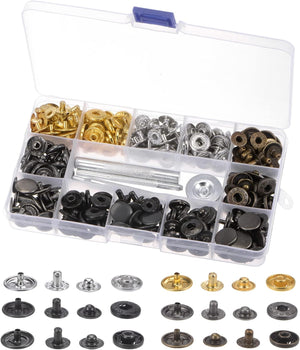 90 Sets Leather Snap Fasteners Kit 15mm Metal Press Studs Buttons Tool with 3 Setter Tools & Storage Box for Clothing Leather Sewing