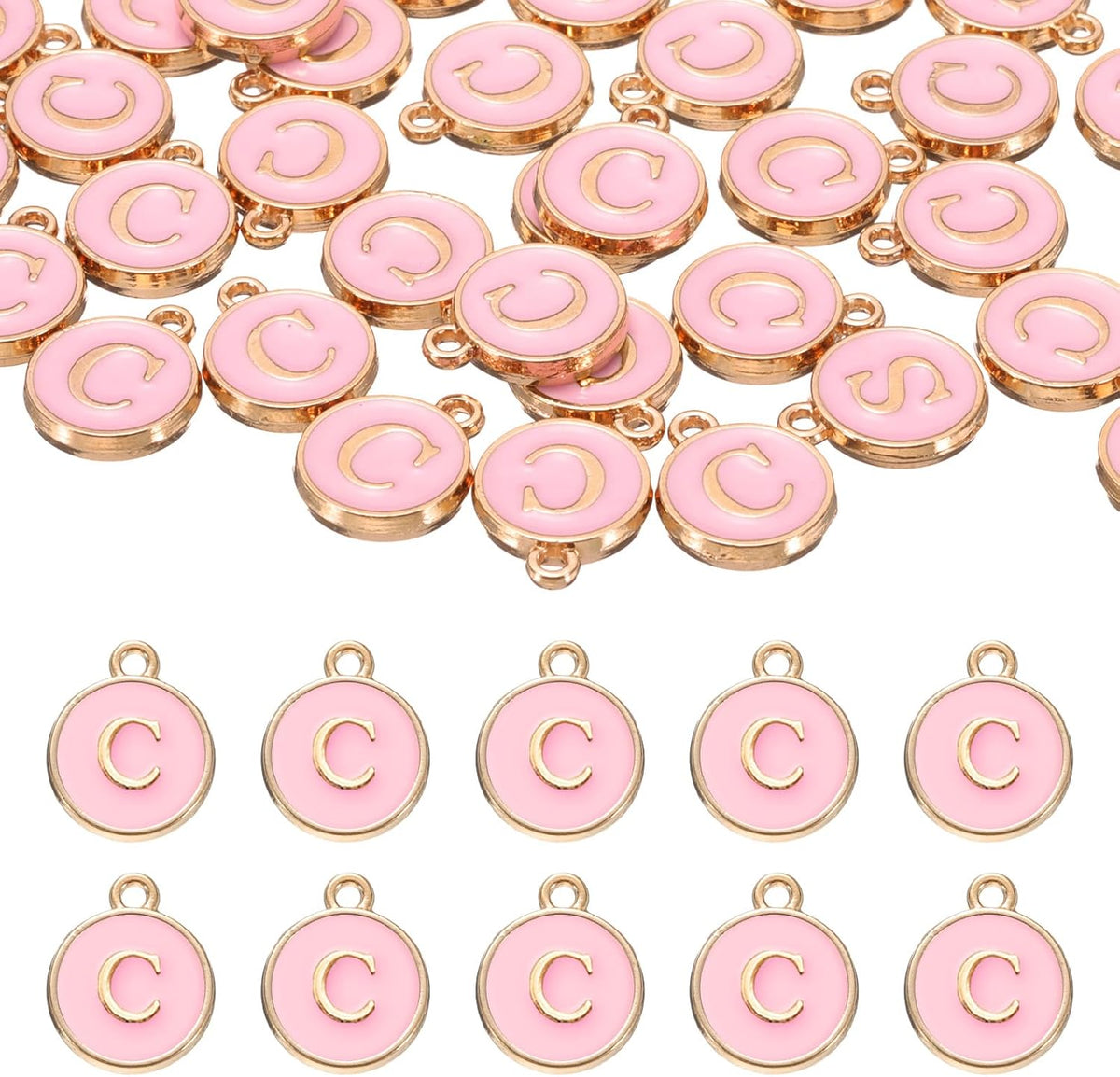 LinkMejor 52pcs Letter Charm, Enamel Letter Pendants, Alphabet C Pendants Double Sided Beads Charm for DIY Bracelet Necklace Pendants Earring Jewelry, Pink