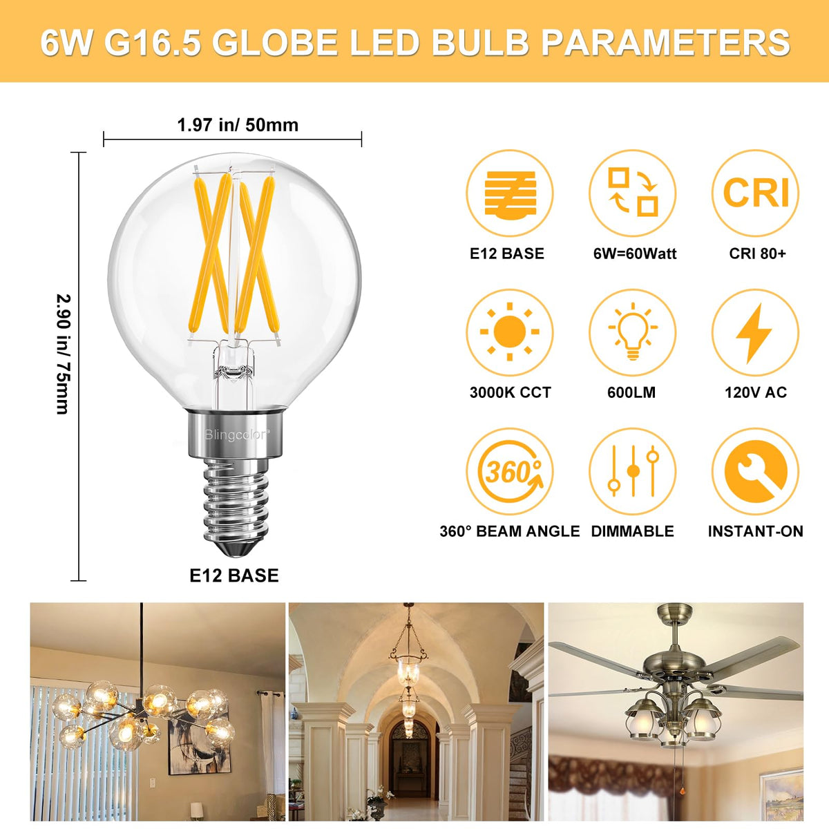 6 Adet E12 Ayarlanabilir G16.5 6W LED Kandil Globe Işık Bulbları 3000K