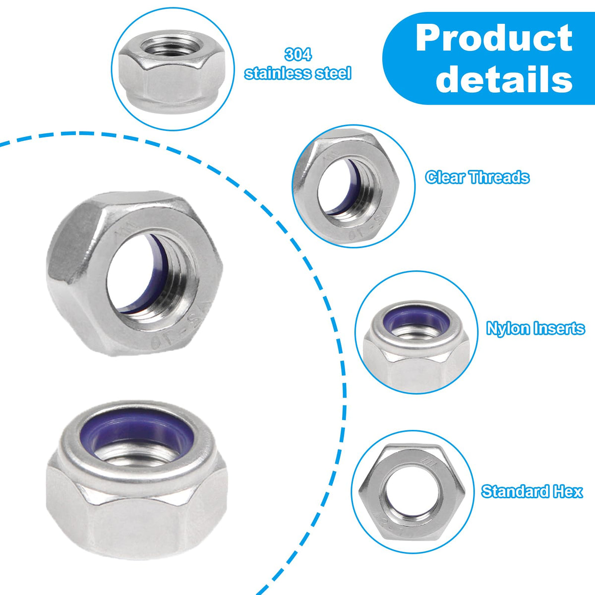 LinkMejor 15PCS Bantalan Kunci M10 M10x1.5mm Insert Nylon Bantalan Hex