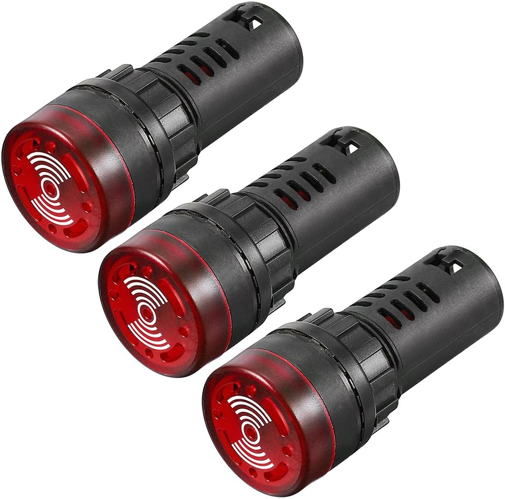 3Pcs Red Indicator Light with Buzzer AC/DC 110V, 22mm Panel Mount Flashing Alarm, for Electrical Control Panel, HVAC, DIY Projects