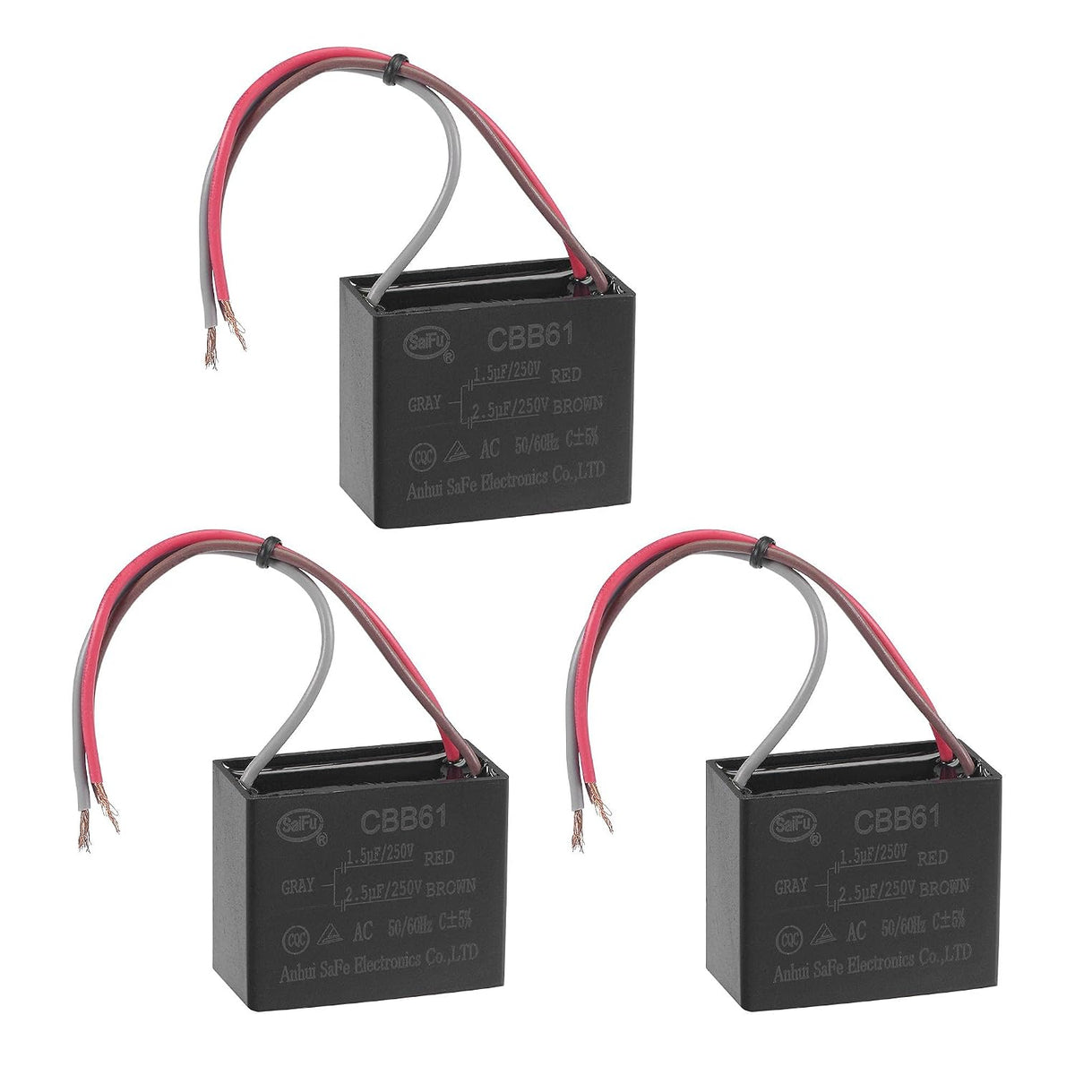 Ceiling Fan Capacitor CBB61 1.5/2.5uF 250V AC 3 Wires Metallized Polypropylene Film Capacitor 38x31x22mm for Electric Fan Pump Motor Generator 3Pcs