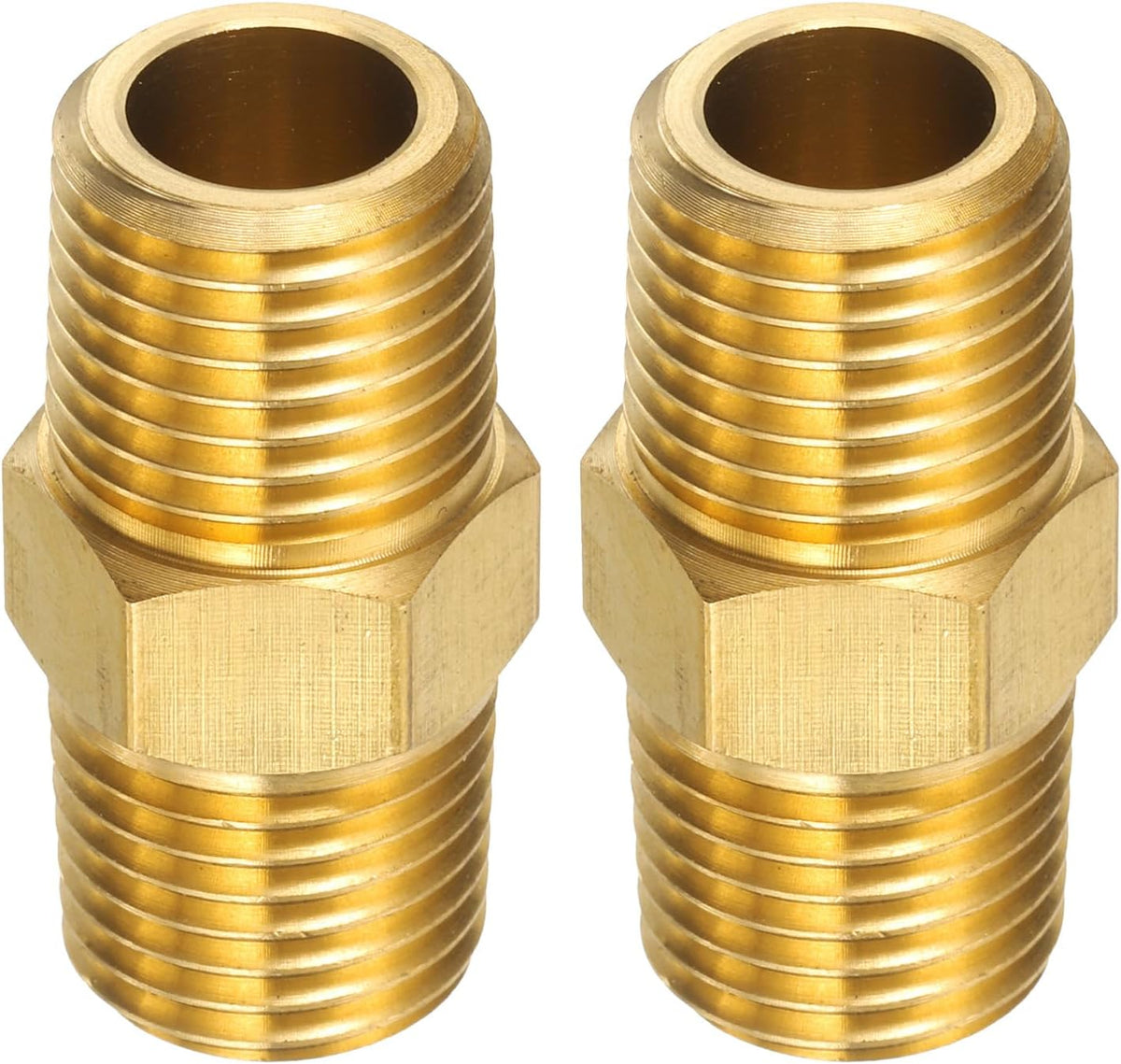 2pcs Brass Pipe Fitting 1/4" BSPT x 1/4" NPT Male Brass Hex Nipple Pipe Extension Adapter Pipe Nipples Connectors for Shower, Oil, Water Line