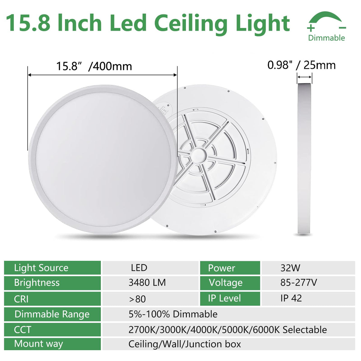 15.8Inch Dimmable White LED Flush Mount Ceiling Light,32W,3480LM,5CCT