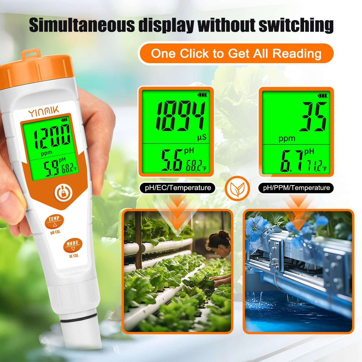 LinkMejor Meter pH pentru Hidroponie, 4 în 1 PPM EC pentru Nutrienți Plante