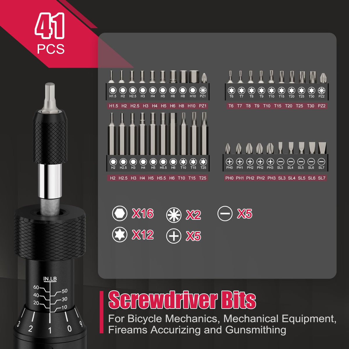 LinkMejor Torque Schroevendraaierset 10-60 in-lb, Aanpasbaar Torque Driver Kit