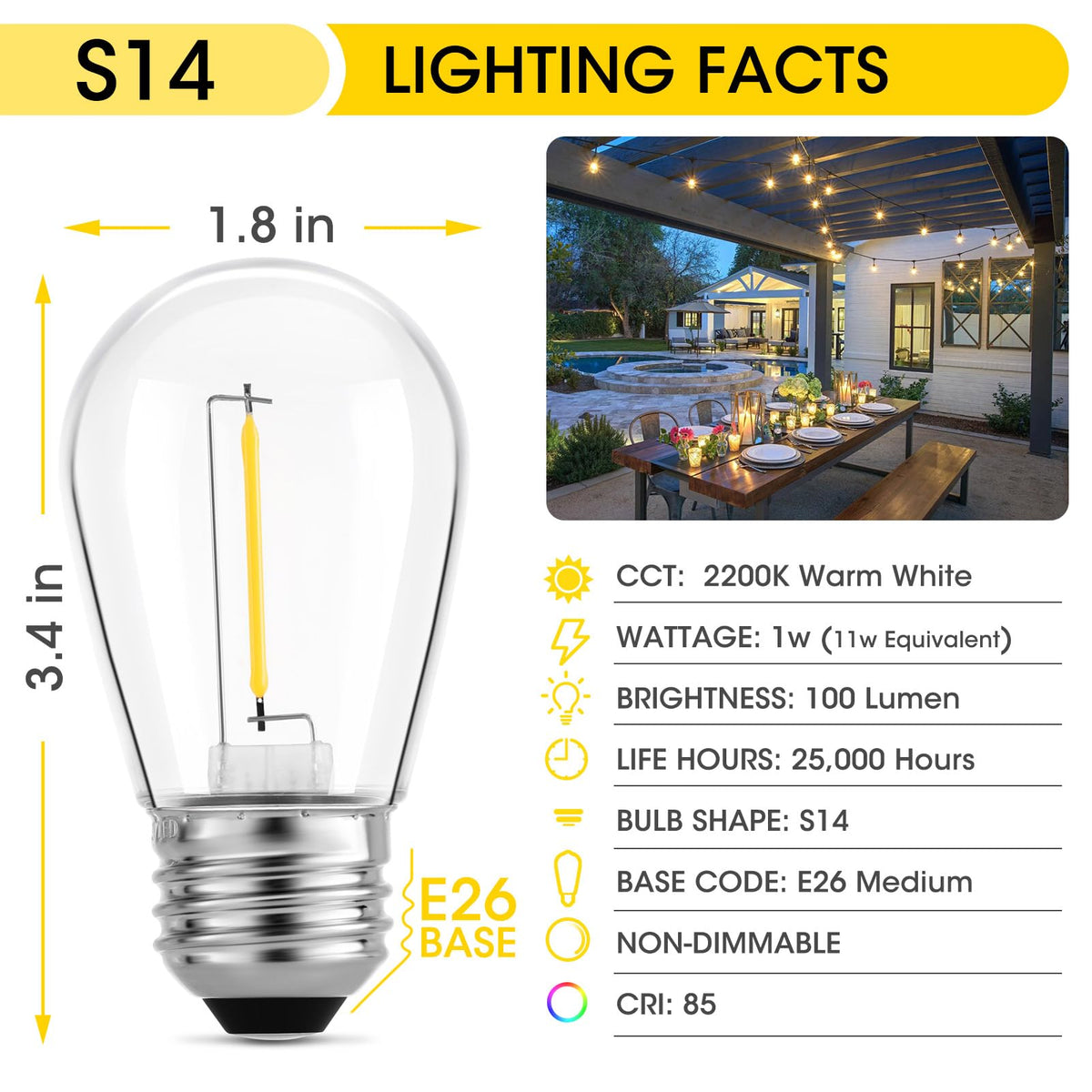S14 E26 LED 1W String Light Replacement Outdoor Bulbs, Warm White, 36-Pack