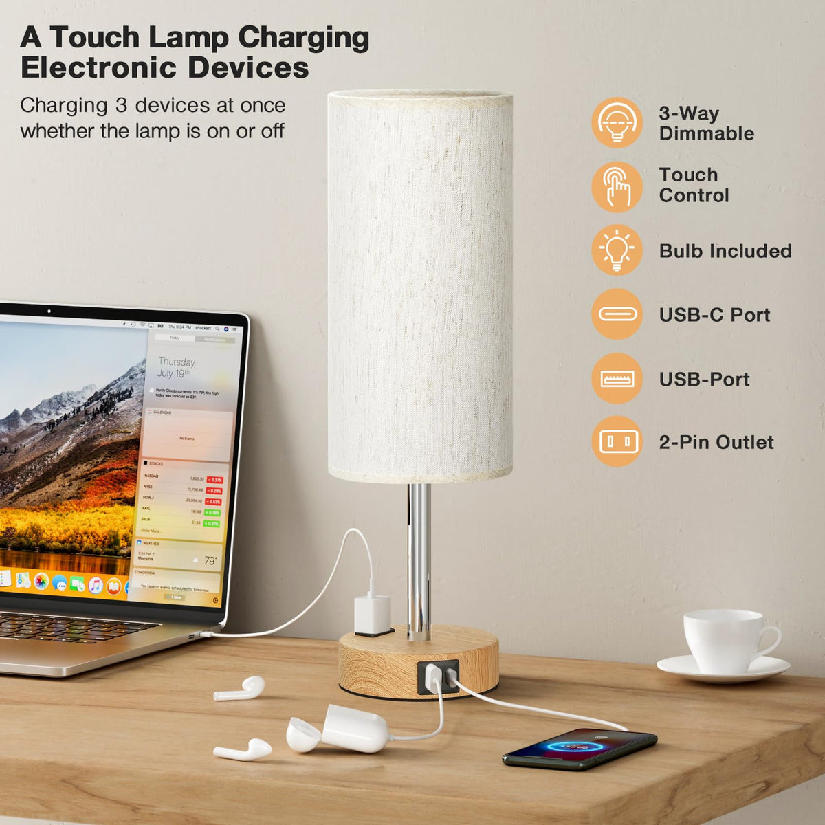 LinkMejor sivupöytälamppu makuuhuoneeseen - himmennettävä kosketus, USB A+C, AC-lähtö