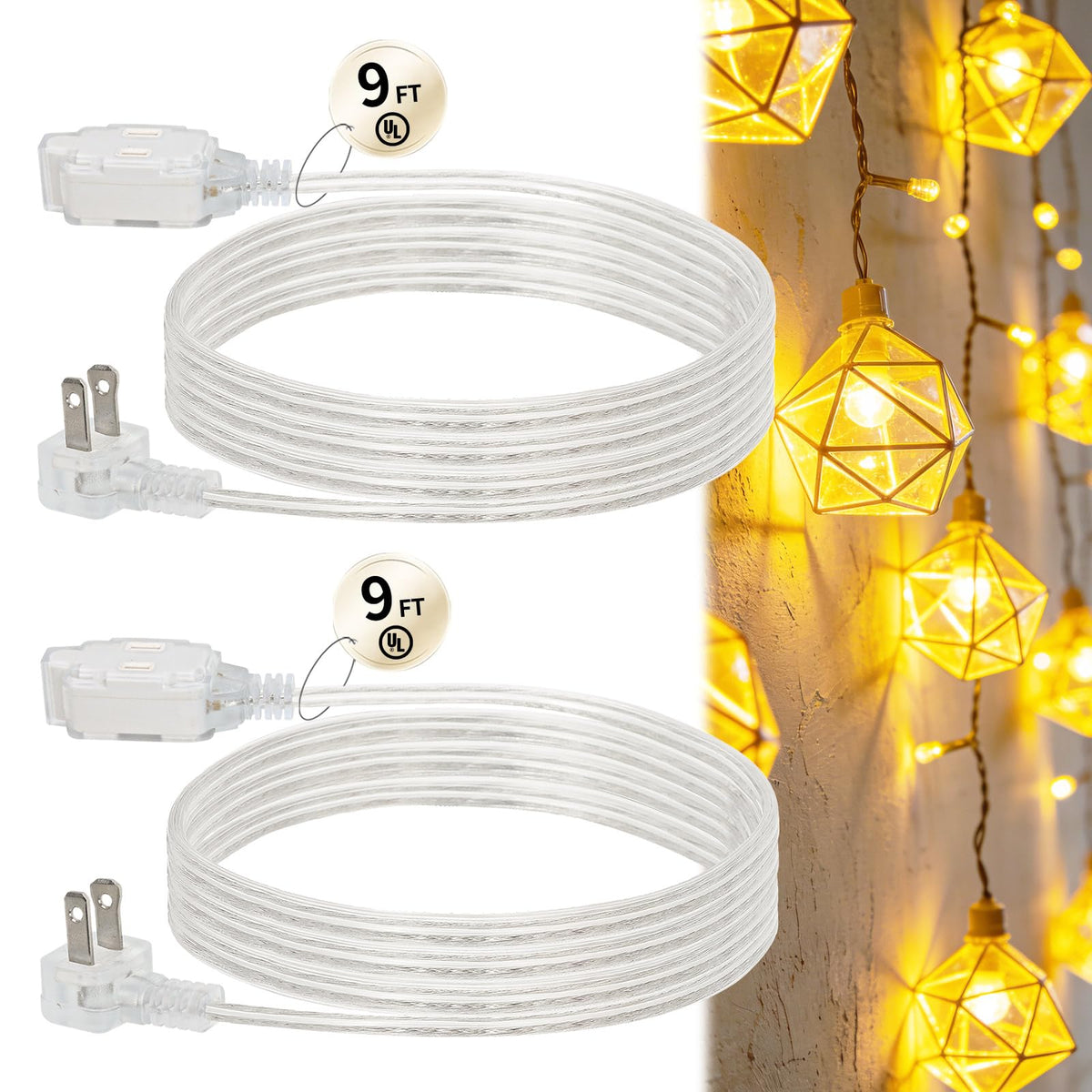 LinkMejor 2 Pack 9FT 3 Outlet Flat Clear Extension Cord Indoor Thin, 2 Prong