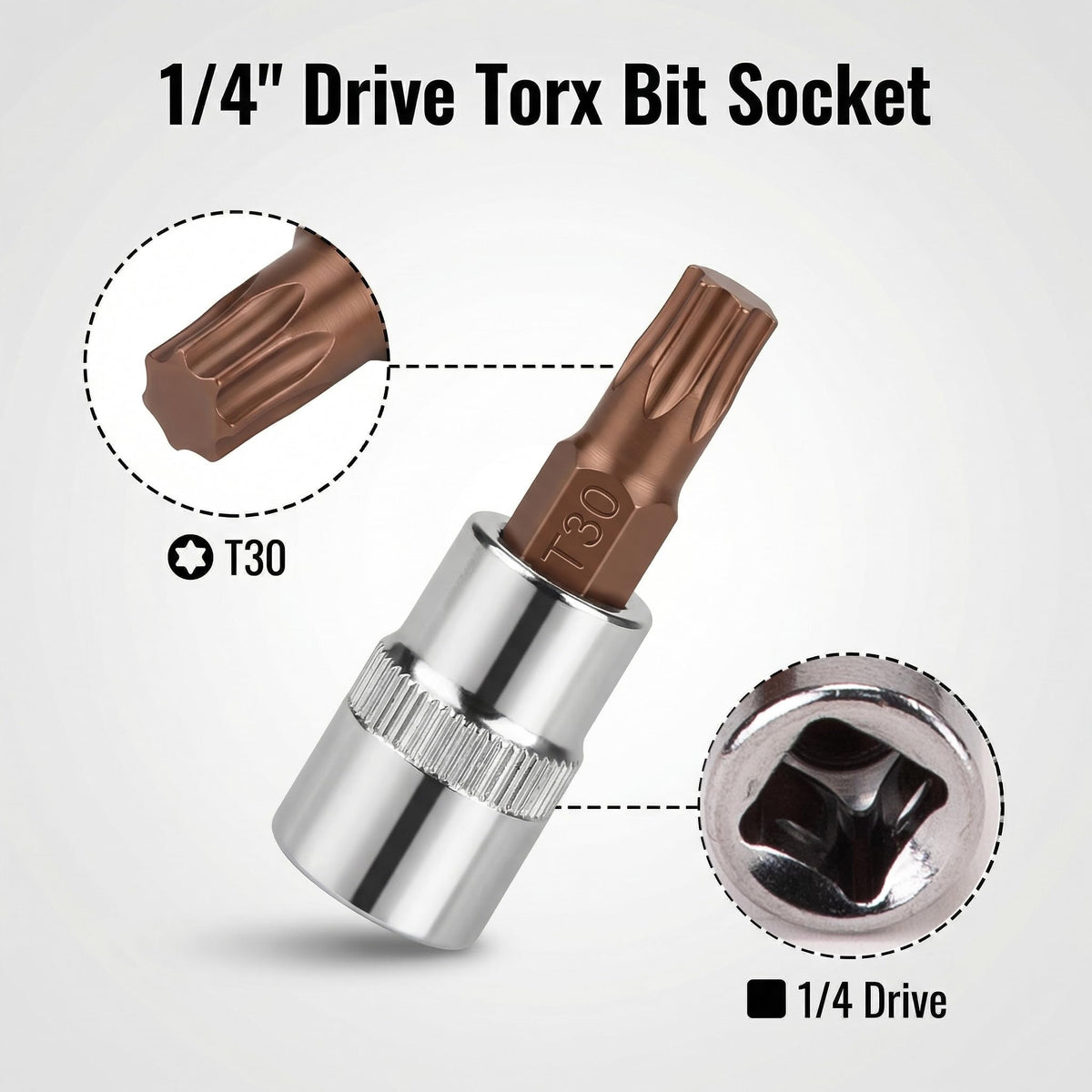 T30 Torx Bit Socket 1/4" Drive, S2 Steel Bits CR-V 38mm Længde Torx sokkel